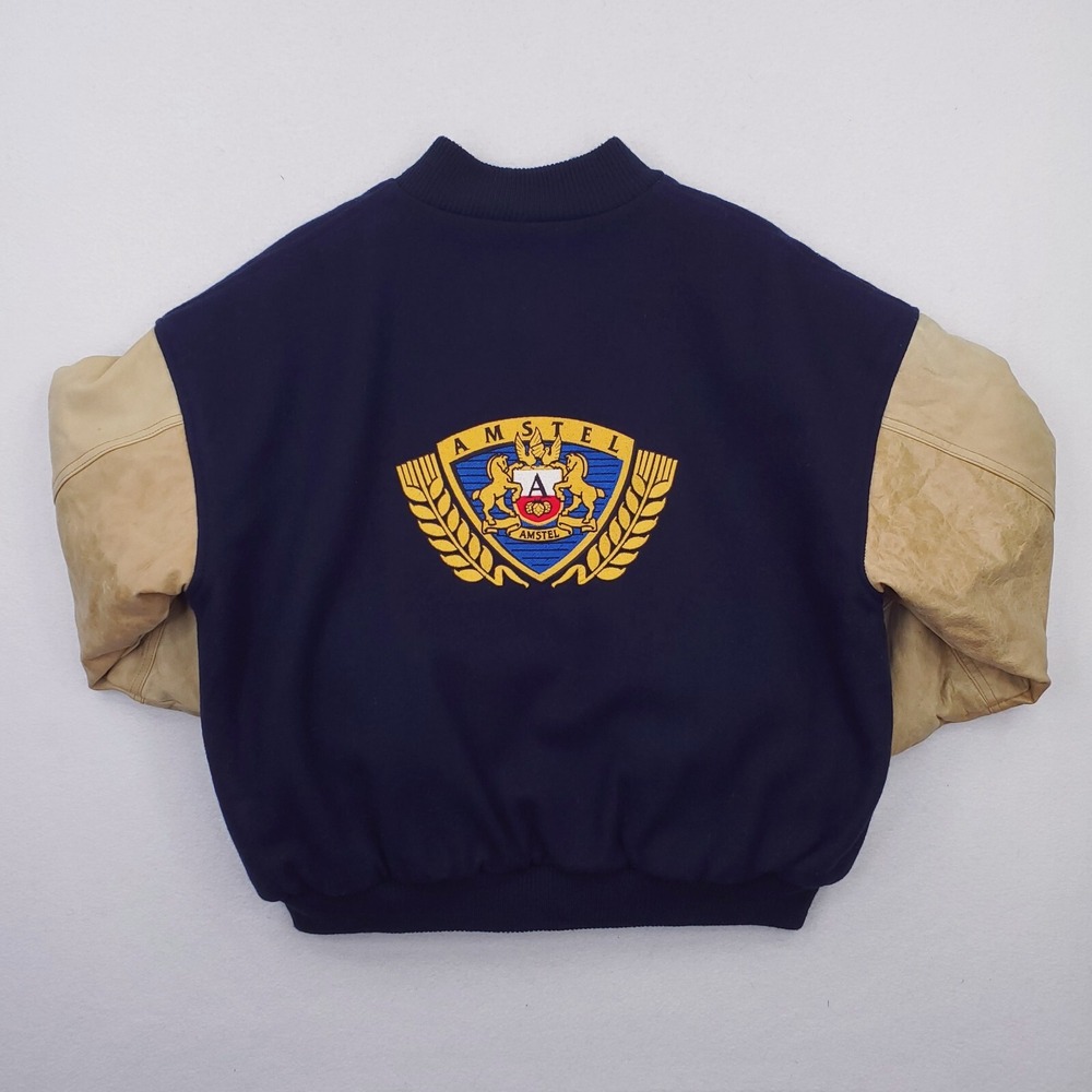 Vintage Amstel Light Jacket Mens XL Blue Tan Varsity Letterman Bomber Beer - Picture 12 of 16